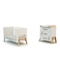 AT4 - Duo Lit Bébé et Commode CANAILLE Winnie Blanc et Hêtre - Marron foncé