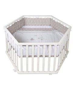ROBA Parc Bébé Hexagonal en Bois "Indibear" + Tapis de Parc Bébé et Roues à Freins - Blanc - Blanc