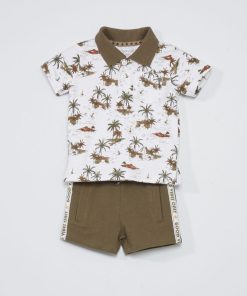 Ensemble polo palmiers + short - 2 pièces - Blanc/kaki