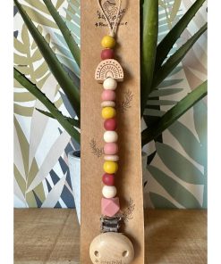 Attache sucette bois et silicone 'Arc en ciel bois' - Rose rouge