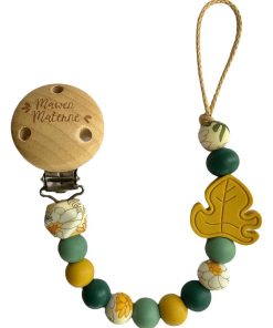 Attache sucette bois et silicone 'Feuille Fleurs des champs' - Vert