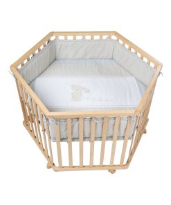 ROBA Parc Bébé Hexagonal en Bois "Liebhabear" + Tapis de Parc et Roues à Freins - Blanc - Marron
