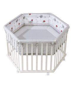 ROBA Parc Bébé Hexagonal en Bois "Adam & Eule" + Tapis de Parc et Roues à Freins - Blanc - Blanc