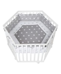 ROBA Parc Bébé Hexagonal en Bois "Little Stars" + Tapis de Parc et Roues à Freins - Blanc - Blanc
