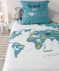 Housse de couette enfant 140x200 Carte du monde + taie 100% coton 57 fils - Bleu