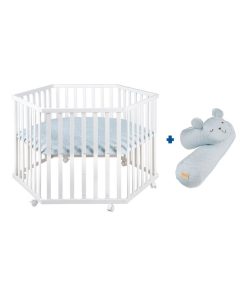 ROBA Parc Bébé Hexagonal + Tapis et Serpent de Parc "roba Style" en Bleu Clair - Bois Blanc - Blanc Bleu ciel