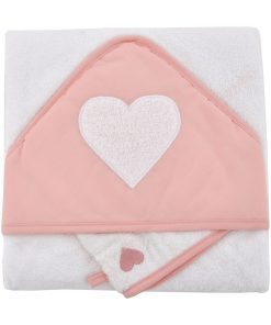 Cape de bain brodée et gant coeur corail - Rose