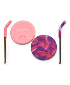 Set de 2 couvercles avec pailles Pink Tie Dye - Multicolore
