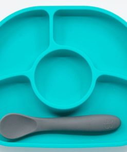 Assiette à compartiments avec ventouse et cuillère Yümi aqua - Bleu