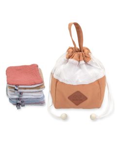 Pochon distributeur et ses 8 lingettes lavables, Jeanne - Marron noisette