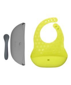 Ensemble 2 bavoirs et cuillère en silicone Pöket lime et grey - Jaune