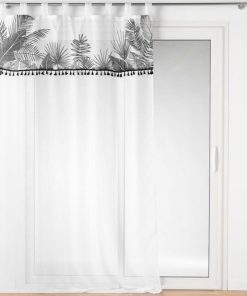 Voilage à passants 140x240 sable top imprimé pompon Palmira blanc - Blanc