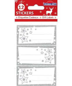 12 étiquettes adhésives de Noël - Étoiles argentées à paillettes - N/A