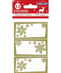 12 étiquettes adhésives de Noël - Flocons dorés à paillettes - N/A
