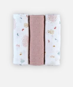 Set de 3 langes 70 x 70 cm mousseline de coton BIO, écru/rose clair - N/A