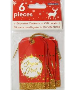 6 étiquettes cadeaux rouges "Joyeux Noël"- Paillettes dorées - N/A