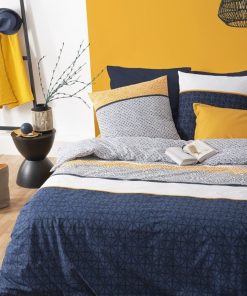 Housse de couette 240x260 Rayures ethniques bleu + 2 taies 100% coton 57 fils - Bleu