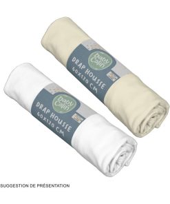 Lot de 2 draps housse en coton 60x120 cm Blanc + écru - Beige