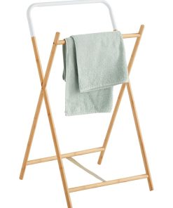 Porte-serviettes en bambou et métal - 2 barres de penderie - Naturel, blanc - 84x45x36cm - Blanc