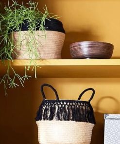 Lot de 3 paniers cloches naturels à pompons - Jonc de mer - Naturel / noir - 35x35x30-40cm - Noir