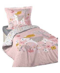 Parure Housse de couette Fee des Bois et Licorne - Rose