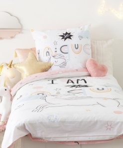 Housse de couette enfant 140x200 Licorne + taie 100% coton 57 fils - Blanc
