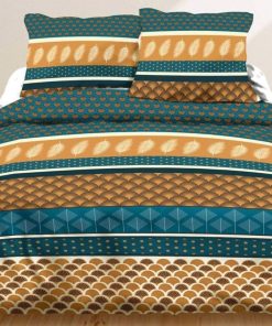 Parure 4 pièces Plume dorée 2 personnes 100% coton 57 fils - Bleu