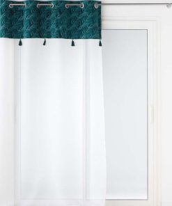 Voilage à œillets 140x240 sable top velours pompons Palmina bleu - Bleu