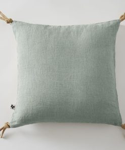 Coussin pompons lin lave Collection Soline - Bleu ciel