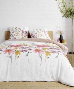 Housse de couette 260x240 + 2 taies Rosine double gaze de coton 57 fils - Rose