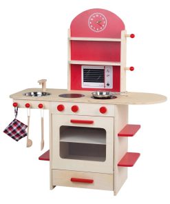 ROBA Cuisine Enfant en Bois + Évier et Accessoires en Bois et Métal - Dès 3 Ans - Naturel/Rouge - N/A