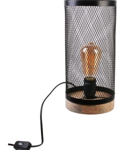 Lampe cylindre grille en métal noir et bois - Noir