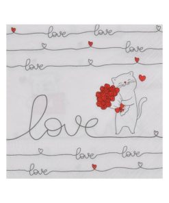 Lot de 20 serviettes en papier Chat bouquet de rose - Blanc