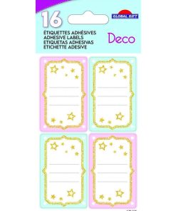 16 étiquettes adhésives scolaires - Rectangle - Rose et bleu - Paillettes et étoiles - N/A