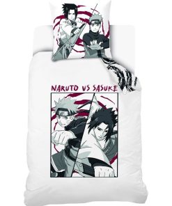 Housse De Couette Ado Naruto vs Sasuke et Taie d'oreiller - 100% Coton - Blanc