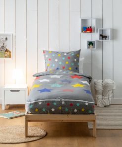 Bleu Câlin - Caradou Stars Avec Couette 90x190cm Parure Enfant Étoiles - Gris