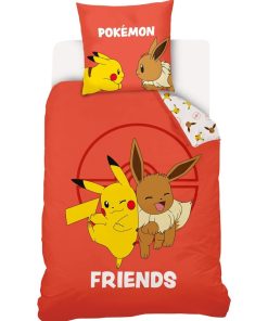Housse De Couette Pokémon Pikachu & Evoli et Taie D'oreiller - 100% Coton - Orange corail