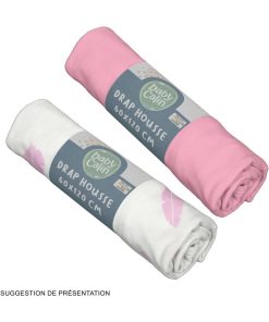 Lot de 2 draps housse 60x120x15 cm - Plumes roses - Rose