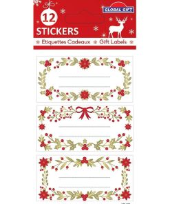 12 étiquettes adhésives de Noël - Feuillage avec dorures - N/A