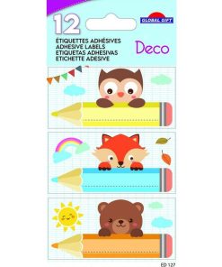12 étiquettes adhésives scolaires - Rectangle - Animaux sur crayons - Paillettes - N/A