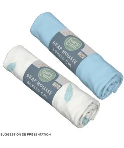 Lot de 2 draps housse 60x120x15 cm - Plumes bleues - Bleu