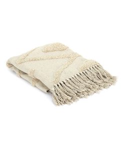 Plaid ethnique relief losange écru 120x150 cm coton - Blanc