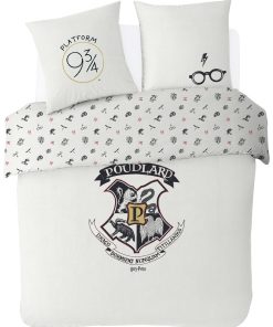 Housse De Couette Harry Potter Blason Poudlard et Taies D'oreiller - 100% Coton - Blanc
