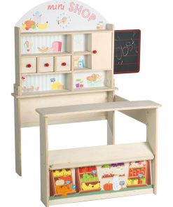 ROBA Marchande en Bois "Minishop" avec Horloge et Tableau Noir - Naturel/Imprimér Aliments - N/A