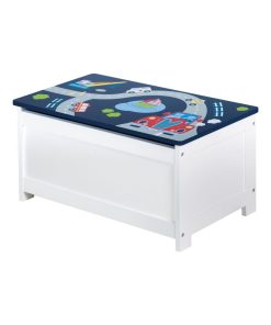 ROBA Banc-Coffre à Jouets "Rennfahrer" en Bois pour Enfant - Fermeture Douce - Blanc/Bleu - Bleu Blanc