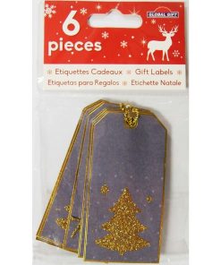 6 étiquettes cadeaux - Sapin de Noël à paillettes dorées - N/A