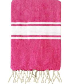 Fouta traditionnelle en coton 100 x 200 cm unie à 3 rayures - Rose