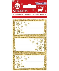 12 étiquettes adhésives de Noël - Étoiles dorées à paillettes - N/A