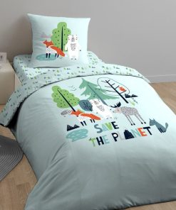 Housse de couette 140x200 Save the planet + taie 100% coton bio 57 fils - Bleu