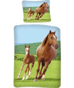 Parure de Lit Coton Cheval Brun et son Poulain - Vert
